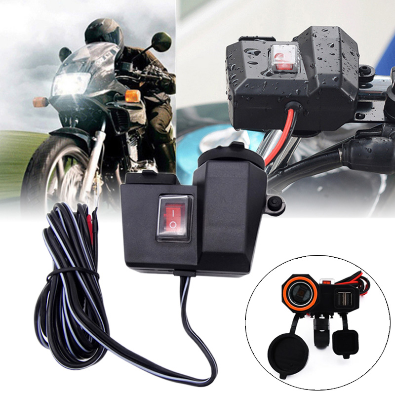 Αδιάβροχη Πρίζα Μοτοσυκλέτας 12V με Υποδοχή Αναπτήρα - 2 Θύρες USB & Διακόπτη - Μαύρο